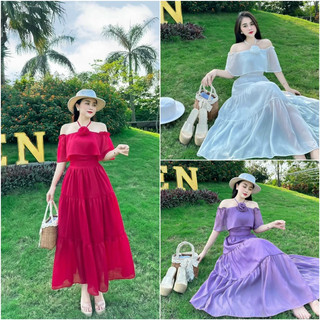 Đầm thời trang nữ mặc đi chơi biển chất vải lụa 100D có mút ngực trễ vai cột dây cổ đính hoa tay ngắn, váy maxi dài