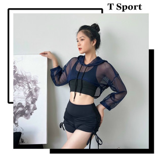 Áo tank thể thao mặc ngoài tập gym yoga nữ - áo tank lưới mè dáng croptop có nón mặc ngoài đi tập siêu xinh