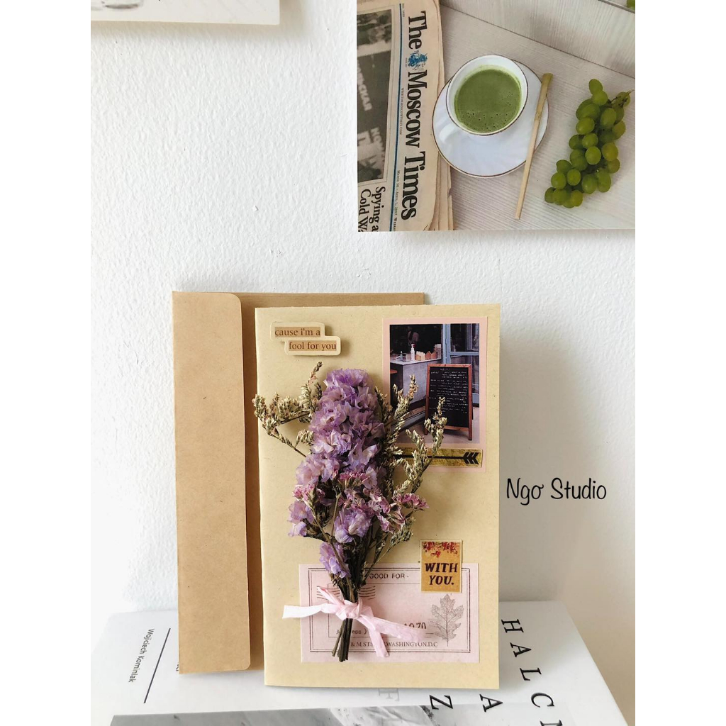 Thiệp quà tặng hoa khô handmade kèm phong bì phong cách vintage chúc mừng, quà tặng