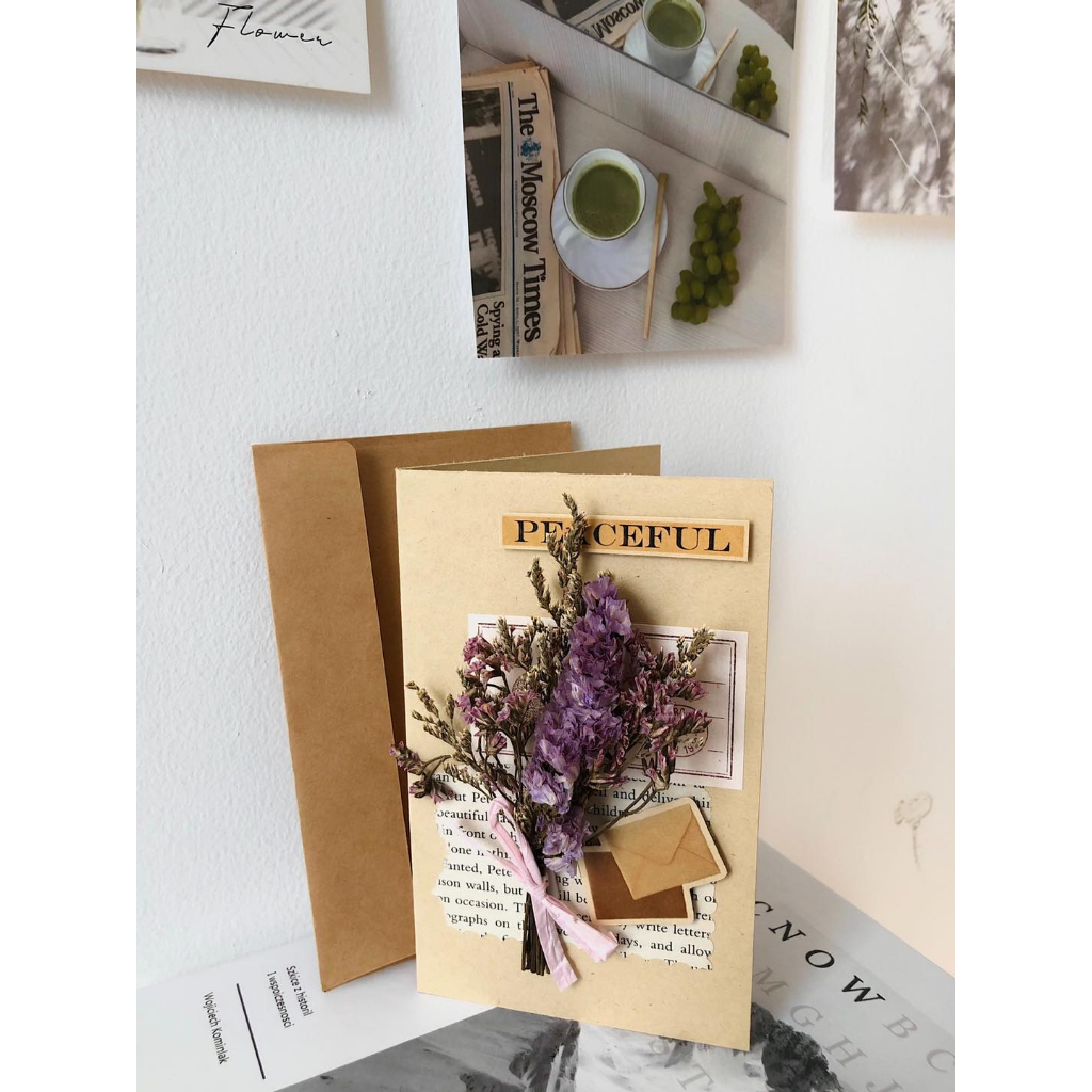 Thiệp quà tặng hoa khô handmade kèm phong bì phong cách vintage chúc mừng, quà tặng
