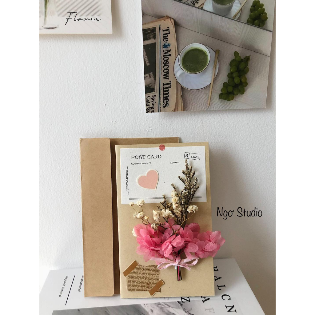 Thiệp quà tặng hoa khô handmade kèm phong bì phong cách vintage chúc mừng, quà tặng