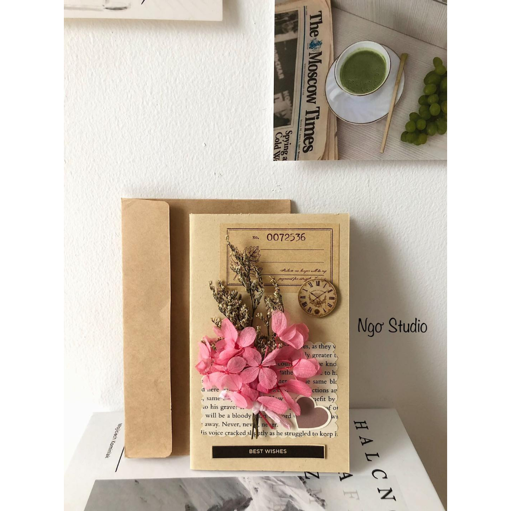 Thiệp quà tặng hoa khô handmade kèm phong bì phong cách vintage chúc mừng, quà tặng