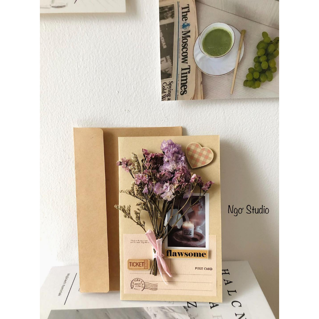 Thiệp quà tặng hoa khô handmade kèm phong bì phong cách vintage chúc mừng, quà tặng