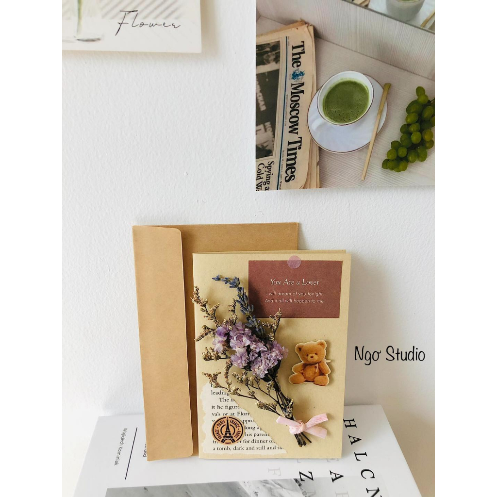 Thiệp quà tặng hoa khô handmade kèm phong bì phong cách vintage chúc mừng, quà tặng