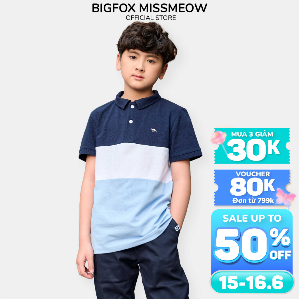 Áo polo bé trai Bigfox Miss Meow ngắn tay cổ bẻ mùa hè chất cotton cá sấu phối ngang kiểu Hàn cỡ 7-15 tuổi 30kg 50kg
