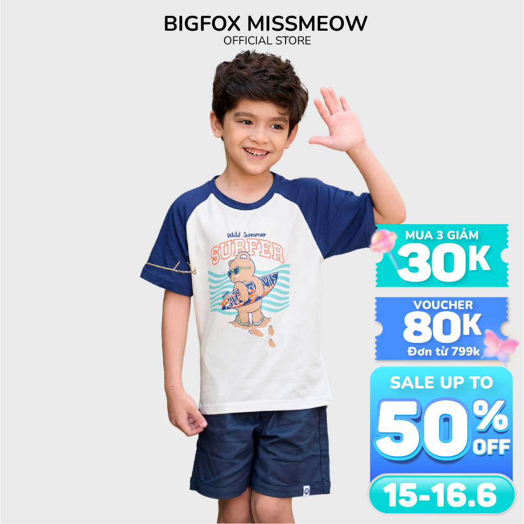 Áo hè bé trai size đại Bigfox Miss Meow phối màu cộc tay chất cotton xuất Hàn, in Gấu Surfer 3,6,9,11 tuổi 30kg, 40kg
