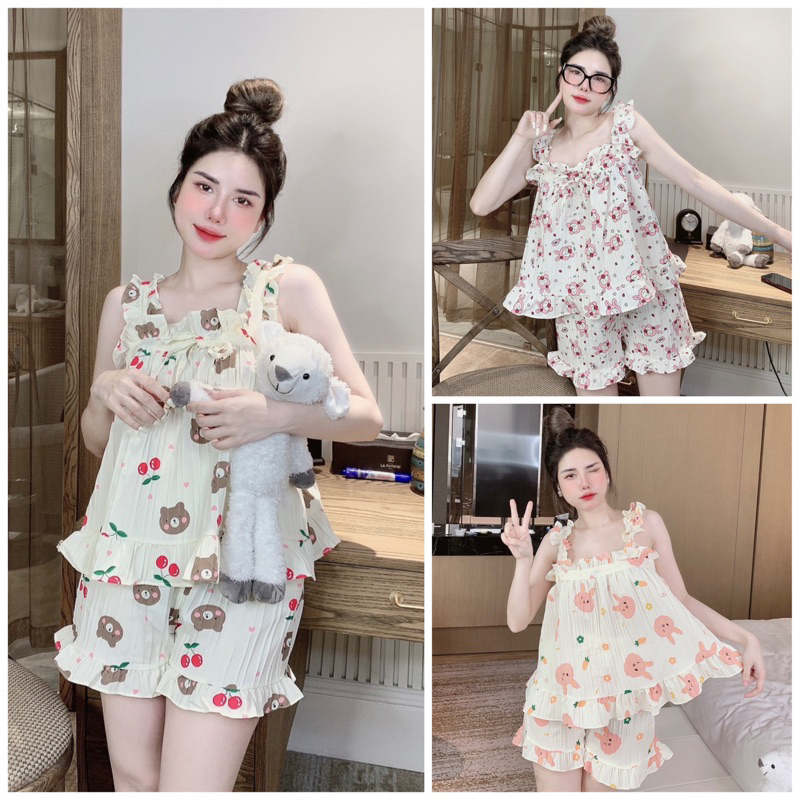 Đồ Mặc Nhà, Bộ Ngủ Nữ, Pijama 2 Dây Cánh Tiên Chất Vải Đũi Gân Mềm Mịn Freesize