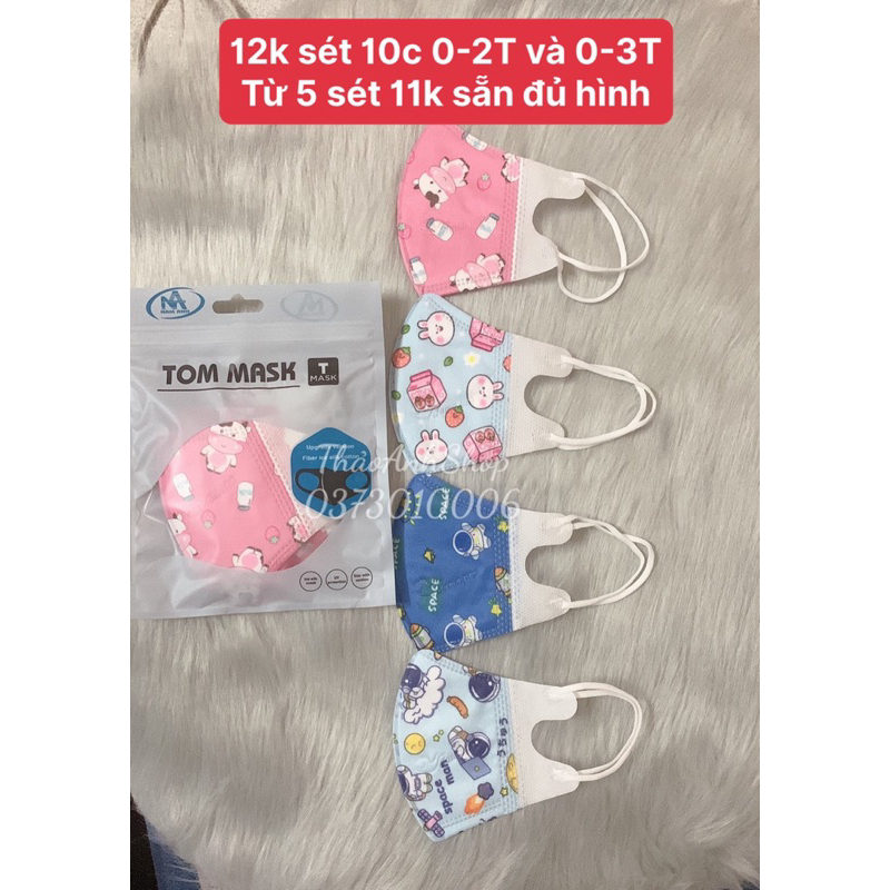 Khẩu trang 5d cute cho bé Taki size 0-2 tuổi, khẩu trang trẻ em vải lụa in hình họa tiết siêu đáng yêu