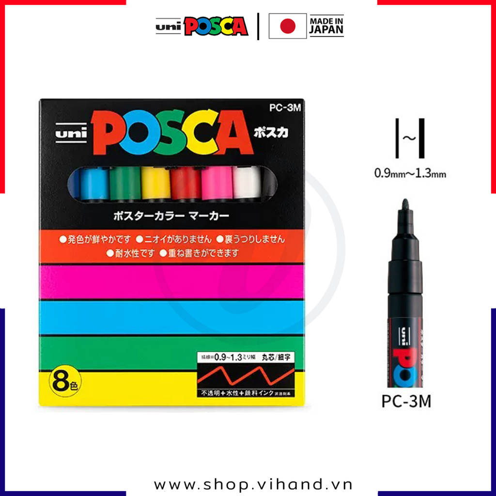 Bộ 8 bút sơn vẽ trên nhiều chất liệu Uni Posca PC-3M - Ngòi 0.9 - 1.3mm