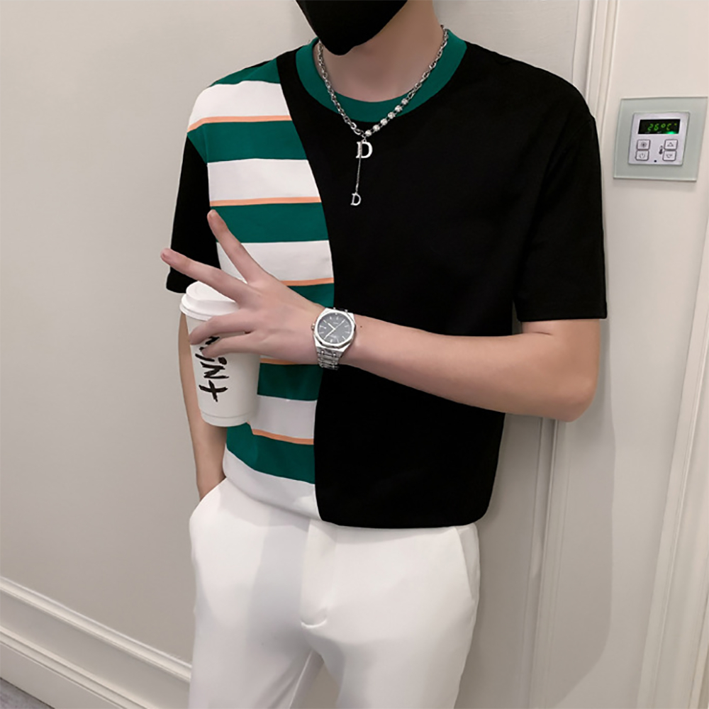 Áo thun nam áo phông nam phối màu kẻ xanh chất cotton co dãn thoải mái H72