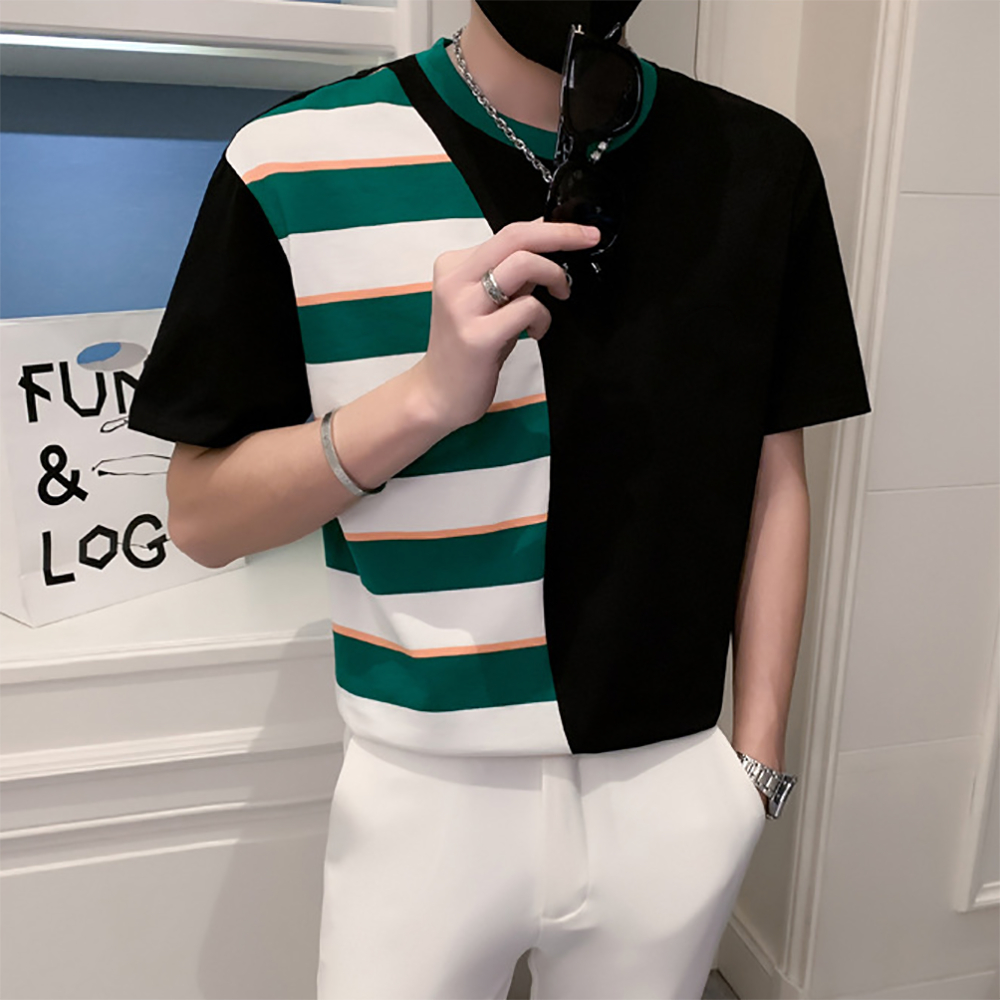 Áo thun nam áo phông nam phối màu kẻ xanh chất cotton co dãn thoải mái H72