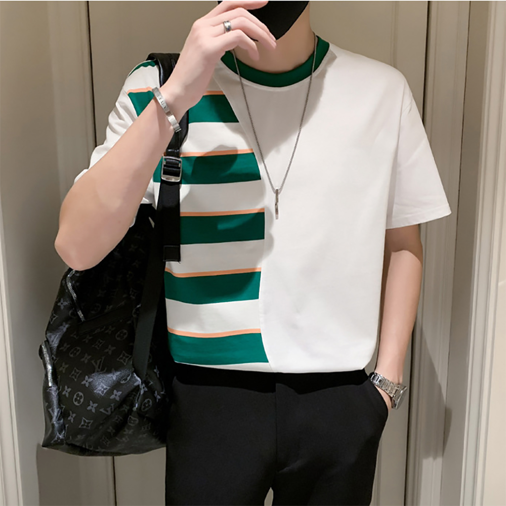 Áo thun nam áo phông nam phối màu kẻ xanh chất cotton co dãn thoải mái H72