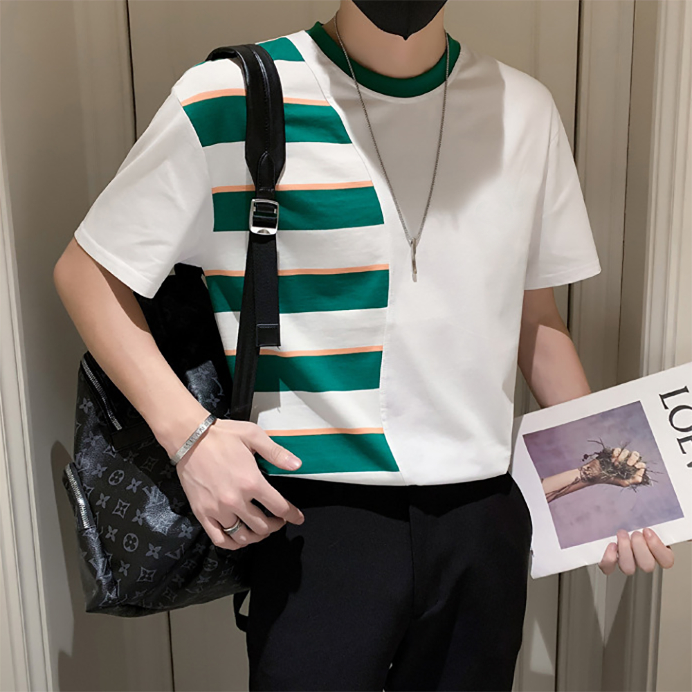 Áo thun nam áo phông nam phối màu kẻ xanh chất cotton co dãn thoải mái H72