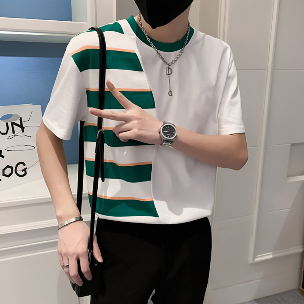 Áo thun nam áo phông nam phối màu kẻ xanh chất cotton co dãn thoải mái H72