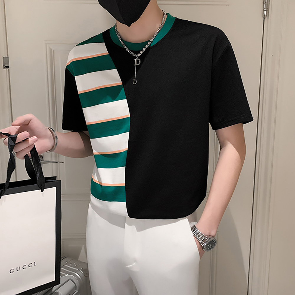 Áo thun nam áo phông nam phối màu kẻ xanh chất cotton co dãn thoải mái H72