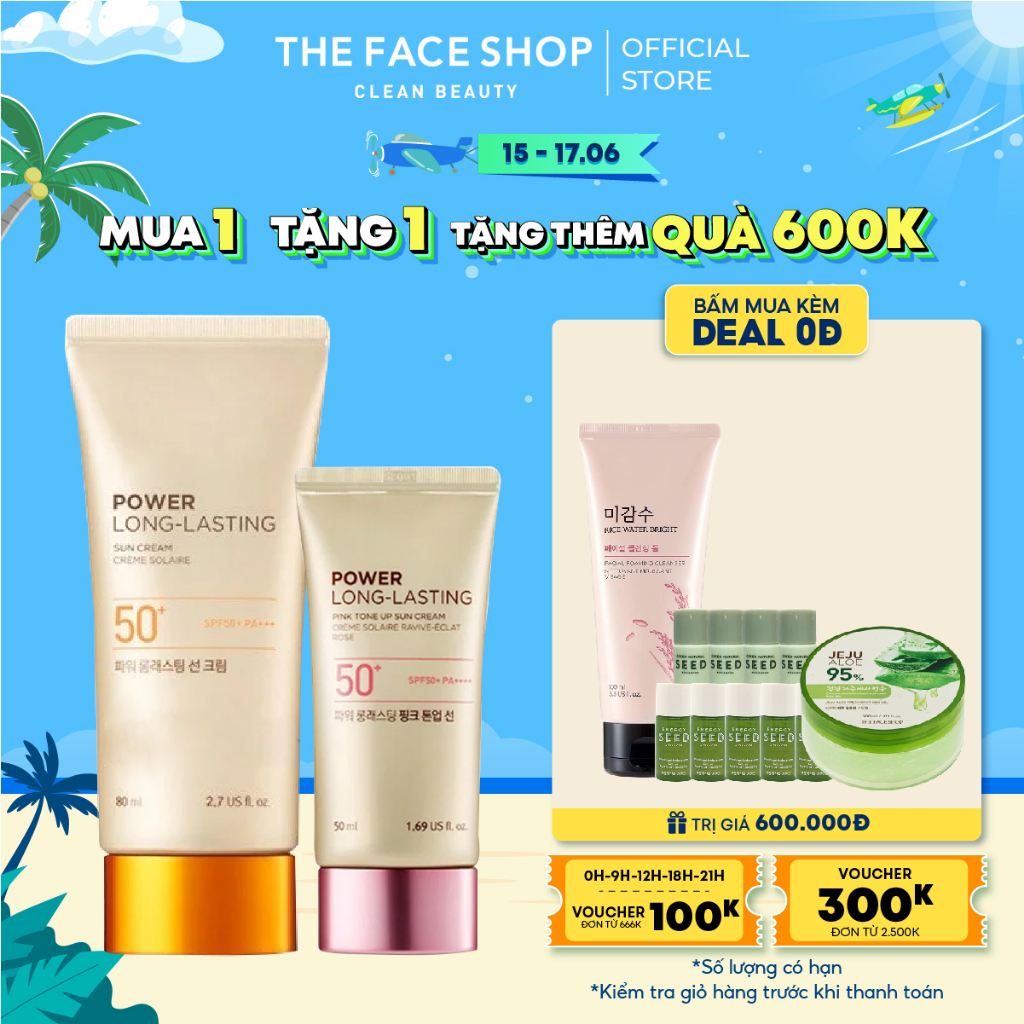 Combo Kem Chống Nắng THE FACE SHOP Lâu Trôi 80ml+Kem Chống Nắng Pink Tone Up 50Ml