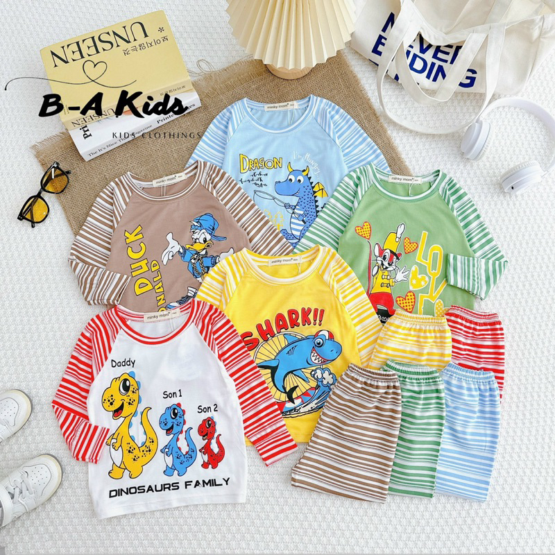 NT209 Bộ dài tay sọc dệt thun lạnh Minky Mom in hoạ tiết dễ thương phối tay giác lăng cho bé