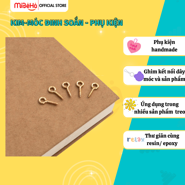 Set 50 đinh -khoen xoắn mini-vít khoen tròn màu vàng 18k, đồ thủ công, phụ kiện móc khóa, DIY – MIBE
