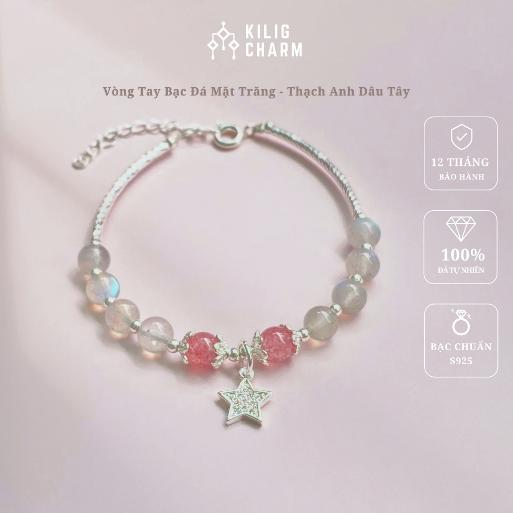Vòng tay bạc năng lượng thạch anh dâu mix đá mặt trăng dành cho nữ thu hút may mắn, tình duyên freesize KC01