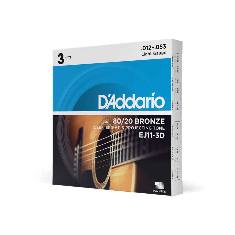 Combo 3 bộ dây đàn Guitar Acoustic - D'Addario EJ11-3D (3 sets) - 80/20 Bronze, Light Gauge .012-.053 (12-53)
