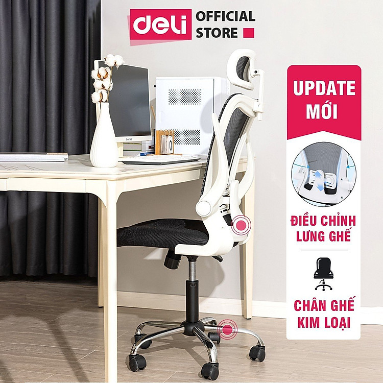 [HOẢ TỐC] Ghế Xoay Văn Phòng Lưới Làm Việc Công Thái Học Deli - Tay Gập Thông Minh Có Chỉnh Lưng Thoáng Khí Chân Xoay