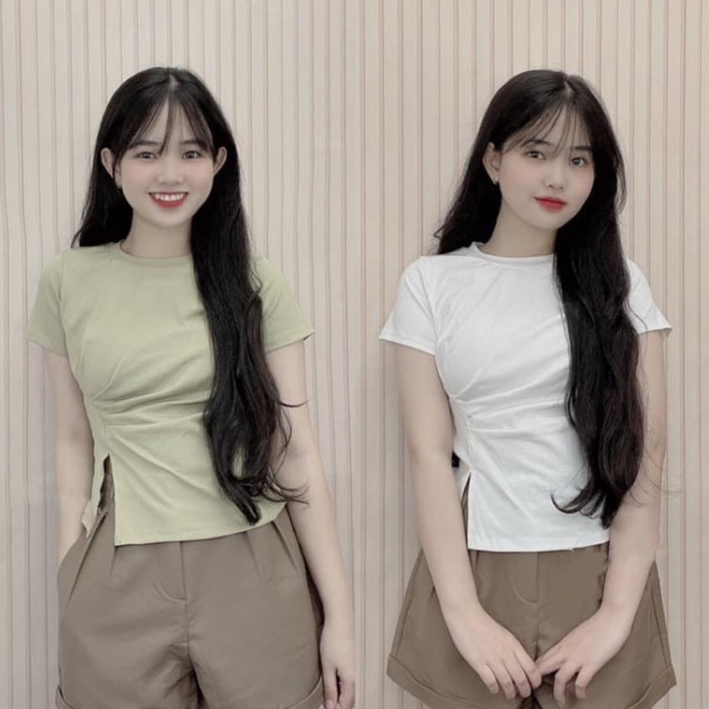 Áo thun dáng ôm nữ tay ngắn nhún eo