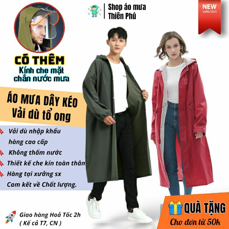 Áo mưa 1 người dây kéo khoá dáng dài kiểu măng tô nam nữ, Vải dù Cao Cấp mặc một đầu,Có kính chắn nước che mặt,Thiên Phú