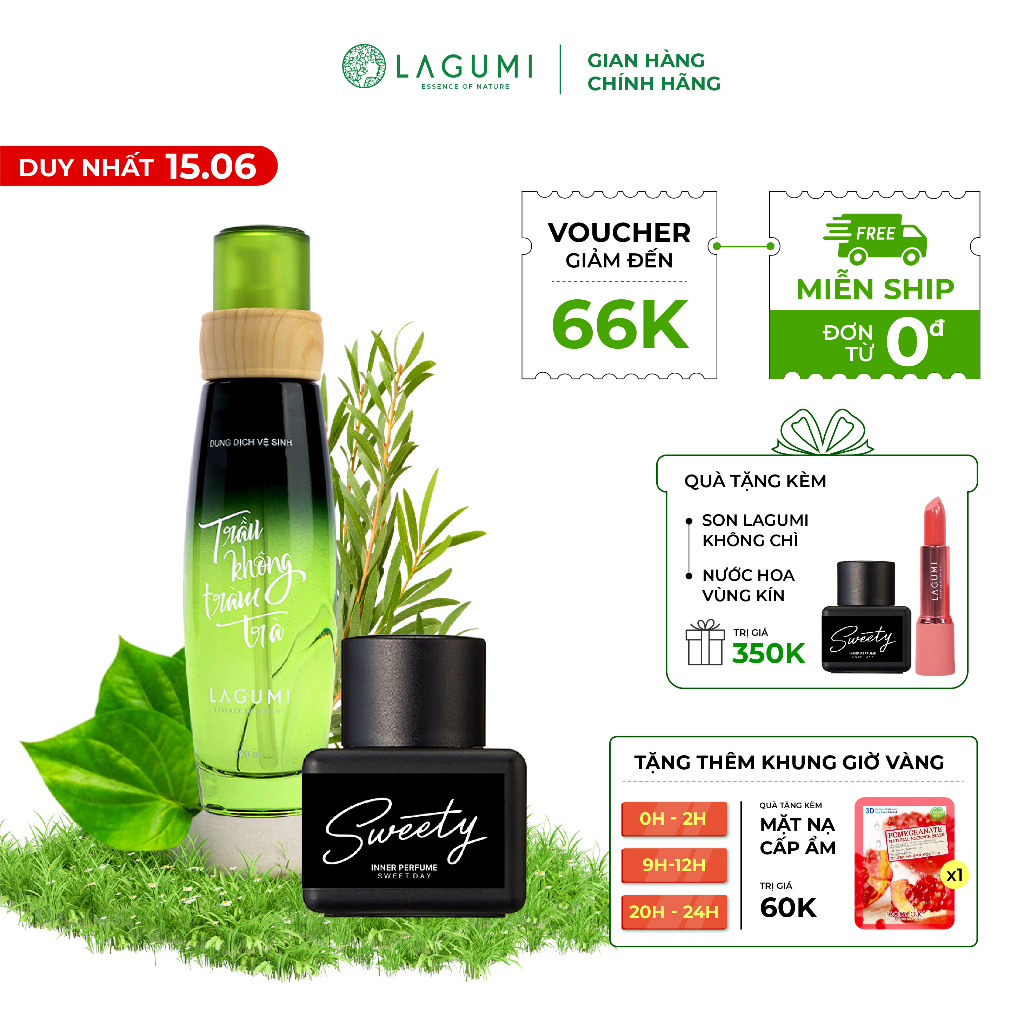Bộ đôi dung dịch vệ sinh 100ml và nước hoa vùng kín 5ml LAGUMI làm sạch, khóa ẩm, lưu hương lên đến 12h
