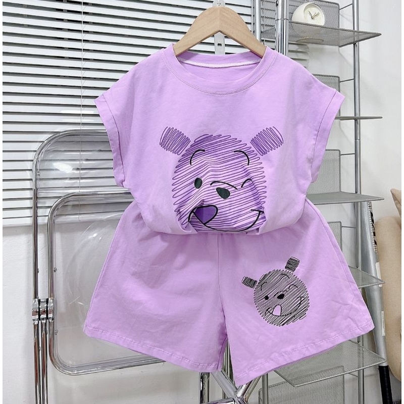 Bộ tay hến bé gái hình gấu tim chất cotton mịn mát co dãn 20-45kg