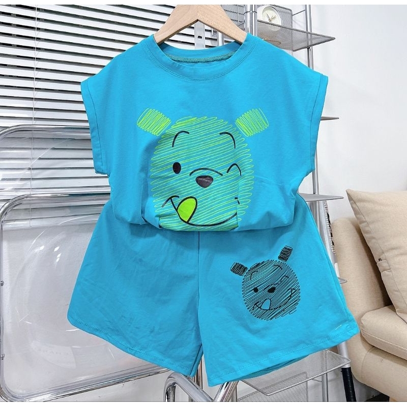 Bộ tay hến bé gái hình gấu tim chất cotton mịn mát co dãn 20-45kg