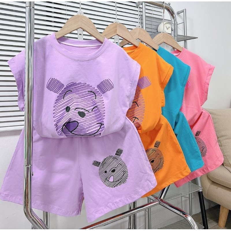 Bộ tay hến bé gái hình gấu tim chất cotton mịn mát co dãn 20-45kg