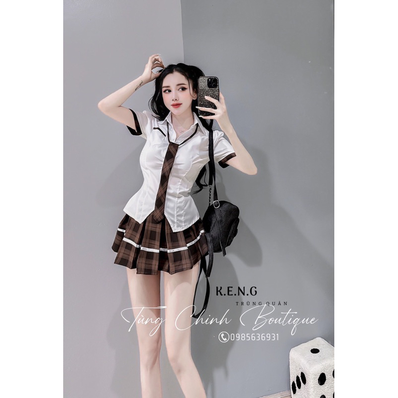 Set đồ học sinh áo sơ mi phối chân váy kẻ kèm cà vạt siêu xinh
