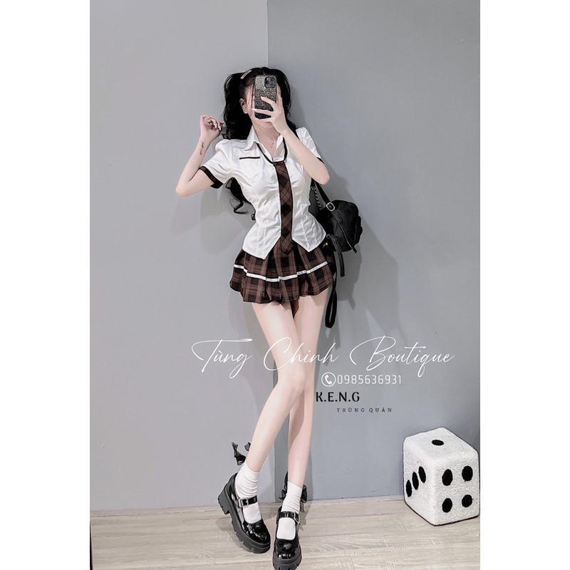 Set đồ học sinh áo sơ mi phối chân váy kẻ kèm cà vạt siêu xinh