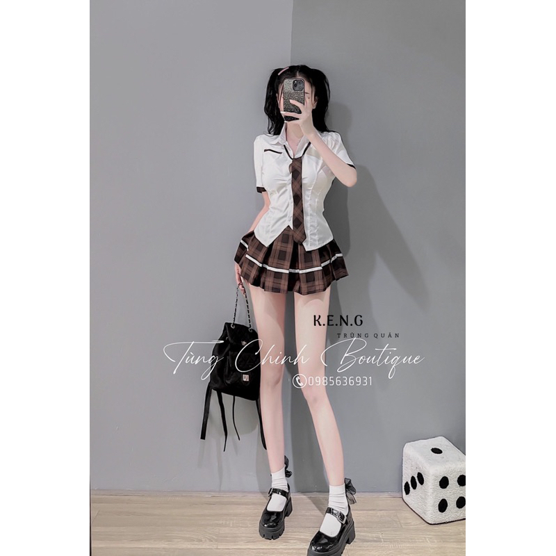 Set đồ học sinh áo sơ mi phối chân váy kẻ kèm cà vạt siêu xinh