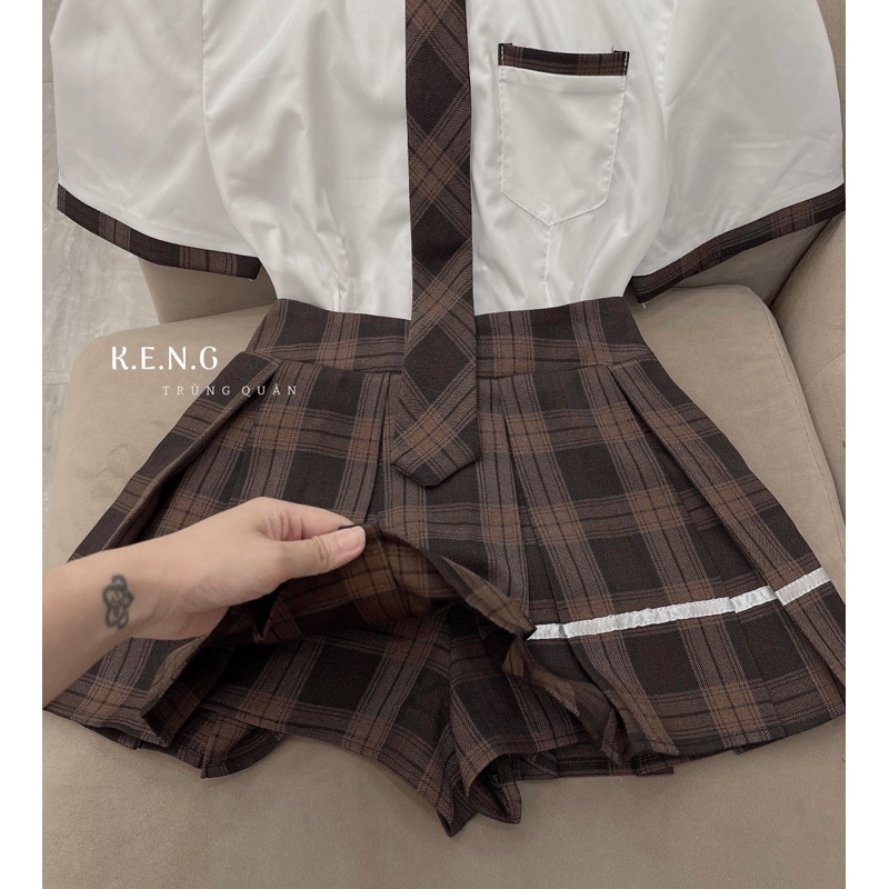 Set đồ học sinh áo sơ mi phối chân váy kẻ kèm cà vạt siêu xinh