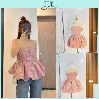 Áo Quây Kẻ Hồng BaBy Chun Lưng Dáng PEPLUM, Áo Cúp Ngực 2 Lớp Bồng Bềnh