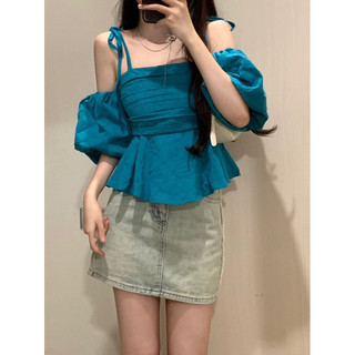  Áo Hai Dây Tay Bồng 🍊 Tiệm Vải Xinh 🍊 Áo Trễ Vai Tay Bồng Xanh Dương 