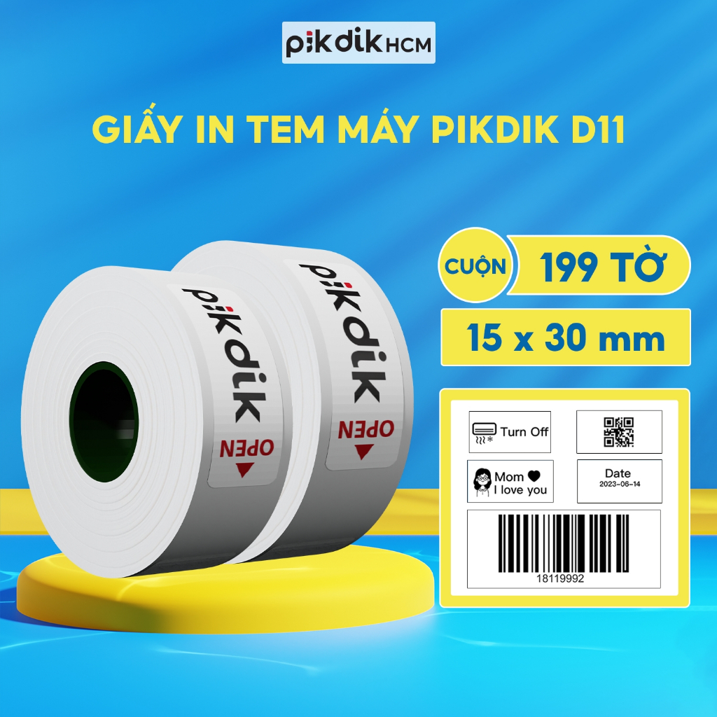 Giấy in tem nhãn cho máy in nhiệt cầm tay, kích thước 15x30mm in nhãn logo cuộn 200 tờ có sẵn lớp keo