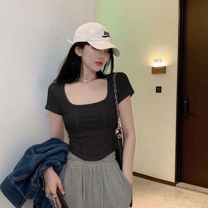Áo Croptop Tay Ngắn Cổ Vuông Vạc Bầu Cá Tính Cattybigsize 55-95kg, Áo croptop bigsize nữ cổ vuông