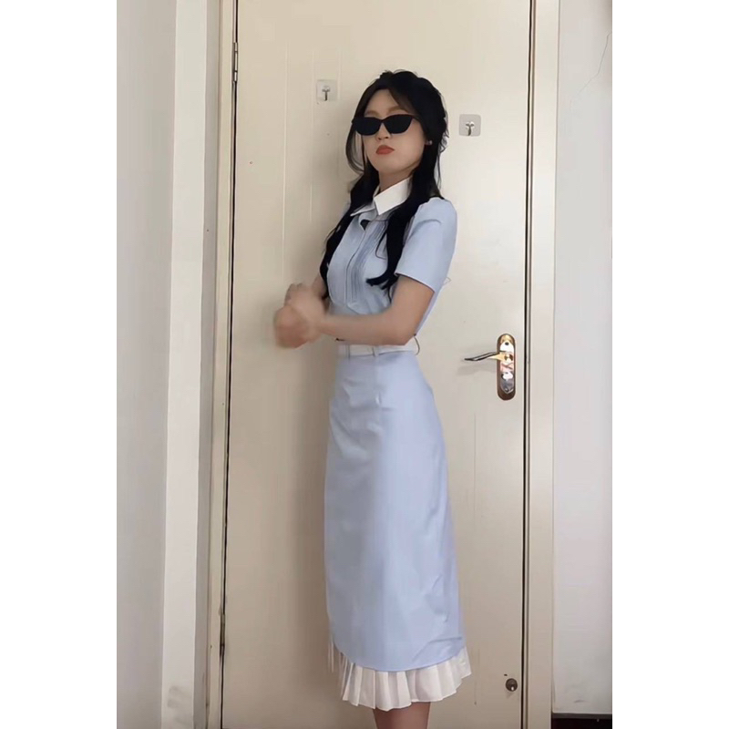 Set crop xanh cổ sơmi trắng + chân váy xanh chân bèo