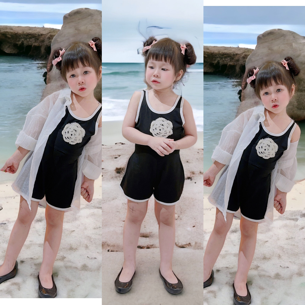 (10-30kg) Set jum bikini Hoa trà và áo khoác trắng cho bé diện dễ thương - V30