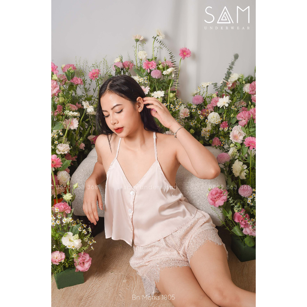 Bộ ngủ nữ SAM lụa satin pha ren tơ mềm mại, cách điệu dây lưng mảnh tinh tế, quyến rũ Mona 1805