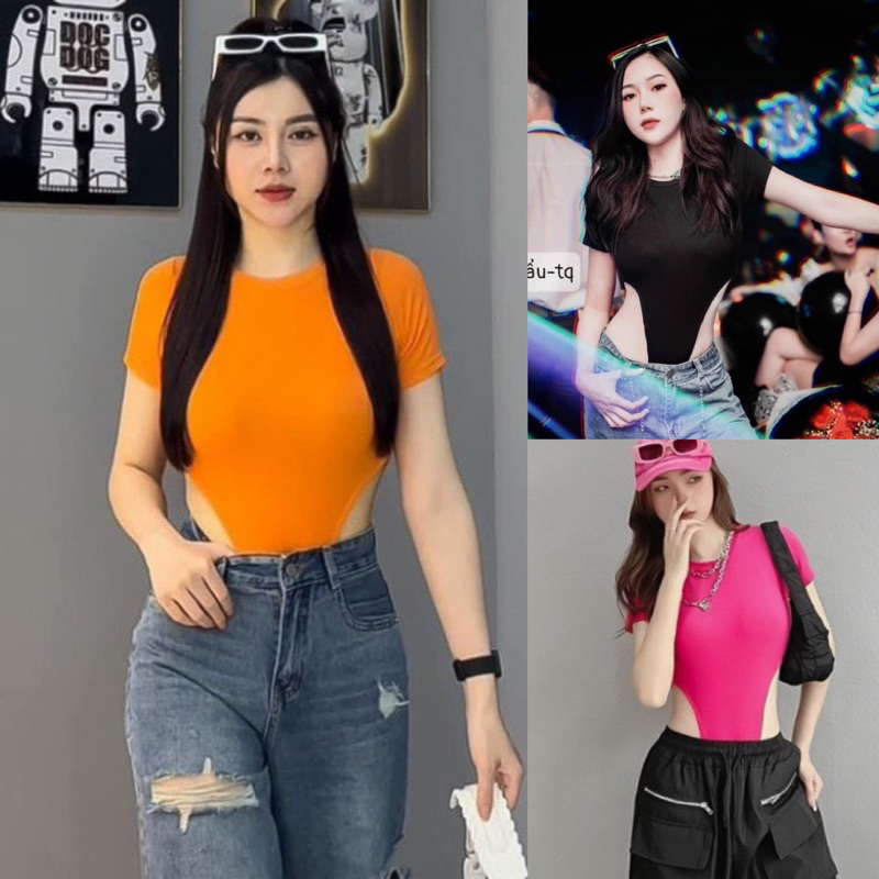 Jumsuit Tay Ngắn Cổ Tròn Màu Trơn