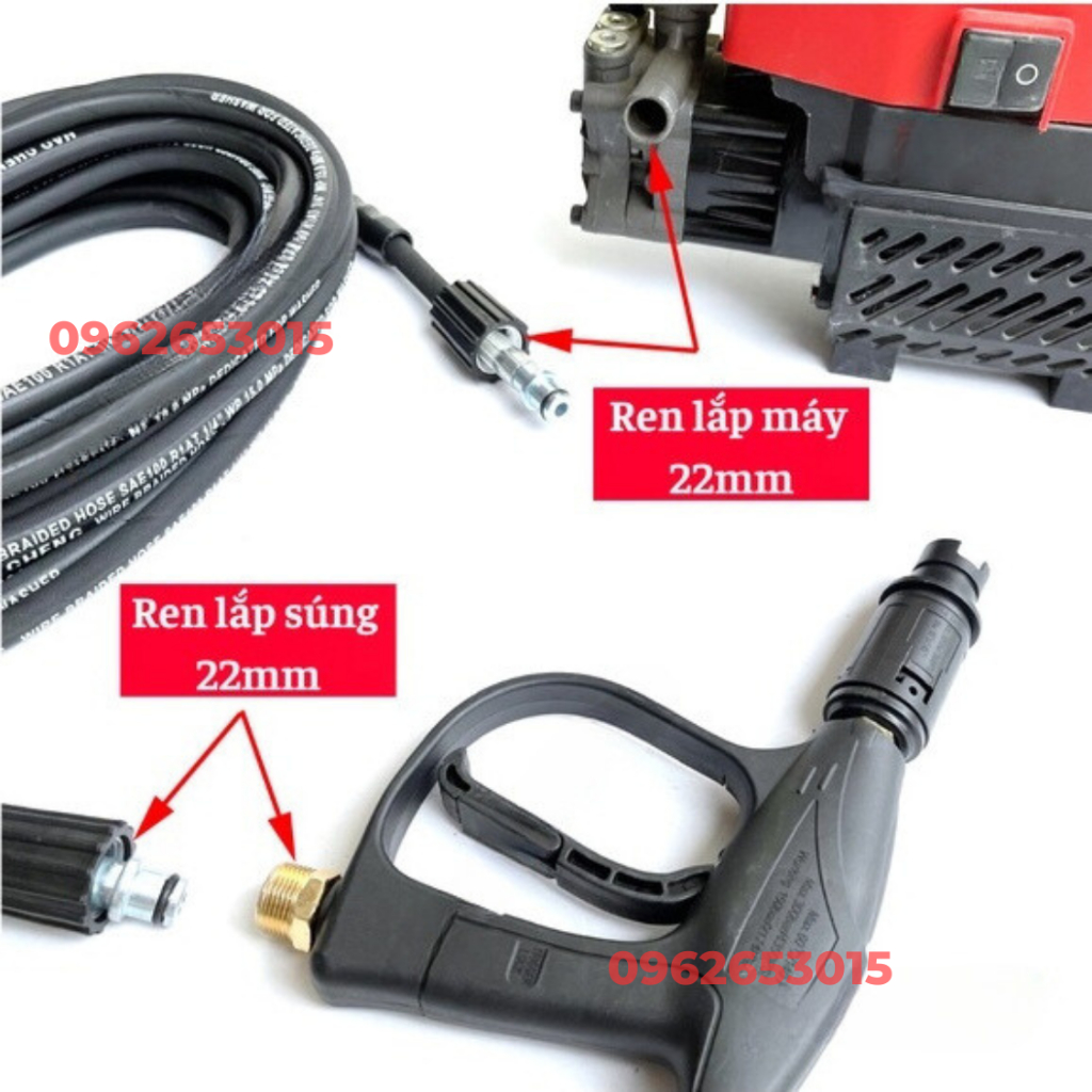 Dây rửa xe 10, 15, 20m, Dây rửa xe áp lực cao lõi thép ren 22mm