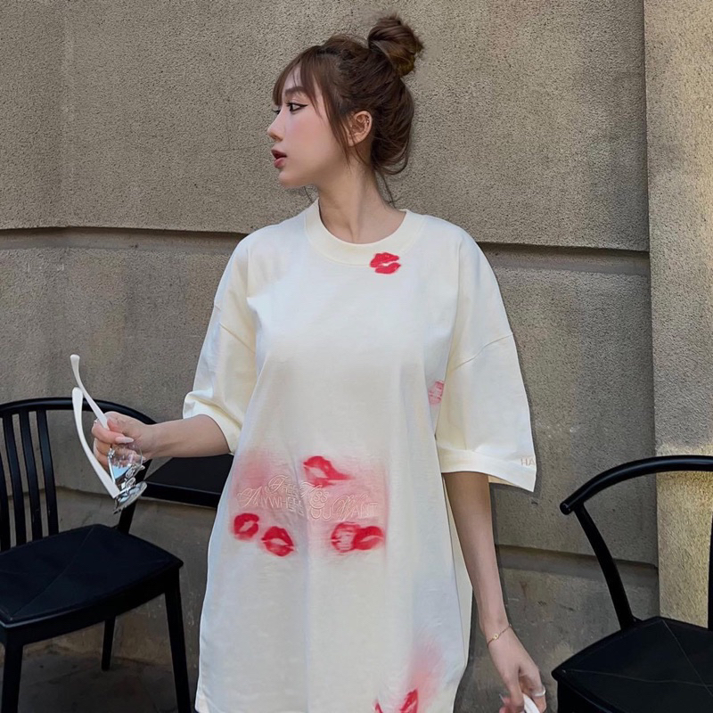 Áo thun tay lỡ Nụ Hôn Hades form rộng chất cotton khô, áo phông Sip On Your Lips màu tan cotton 3158 cho nam nữ áo cặp