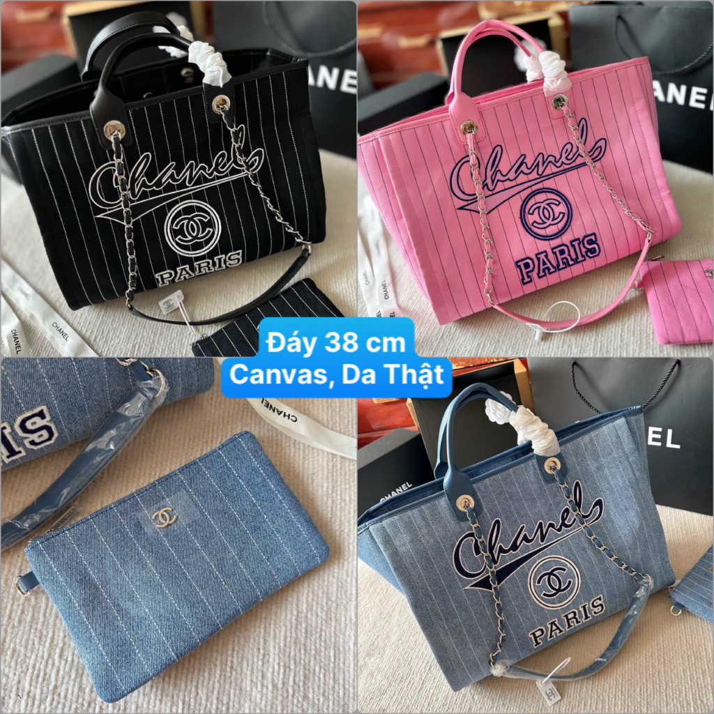 Set Túi Tote Kèm Ví Big Size Denim Shopping Bag Vừa A4 Laptop Size 38 phối Da Thật