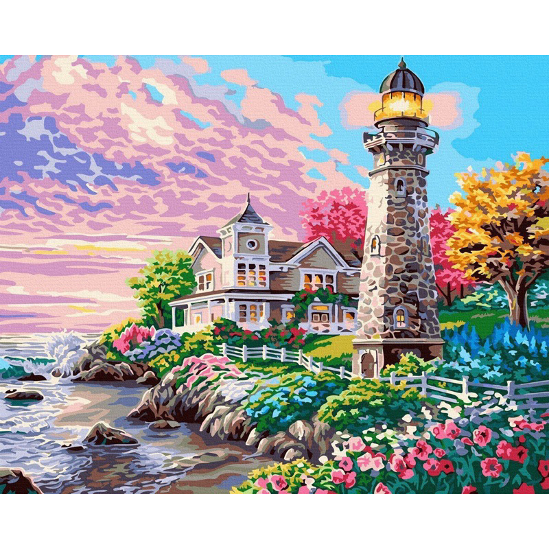 Tranh sơn dầu số hóa DIY đã căng khung khổ 40x50cm - Tranh Hải đăng biển