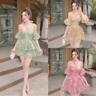 Đầm Thời Trang Nữ Mặc Đi Chơi Chất Vải Voan Hoa Cao Cấp Cúp Ngực Cột Dây Trễ Vai Tay Búp Ngắn Váy Có Mút Có Lót Trong,
