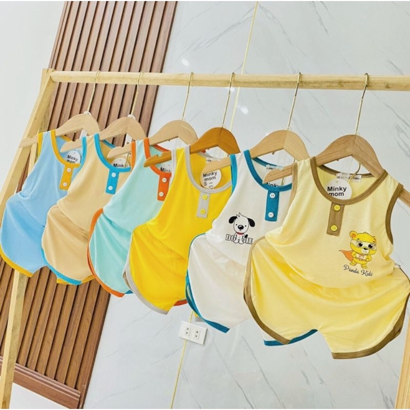 Bộ ba lỗ thun lạnh Minky Mom cho bé trai bé gái 7-17kg. Bộ quần áo sát nách viền màu quần vát dễ thương cho bé