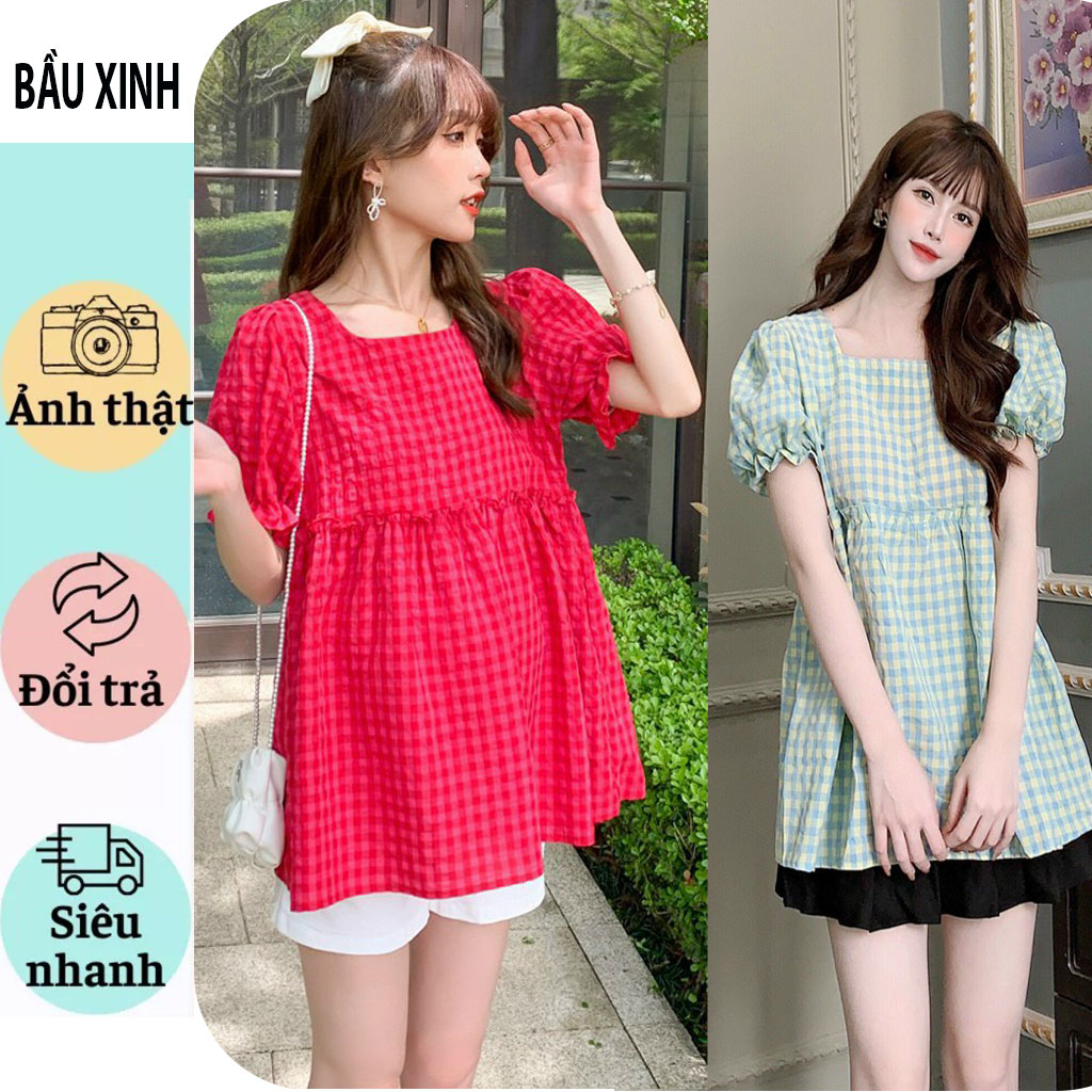 ÁO BẦU CÔNG SỞ MÙA HÈ ĐẸP MÁT-ÁO BẦU THIẾT KẾ BABAYDOLL KẺ CARO XINH XẮN THỜI TRANG MẶC ĐI LÀM CHOI ĐẸP